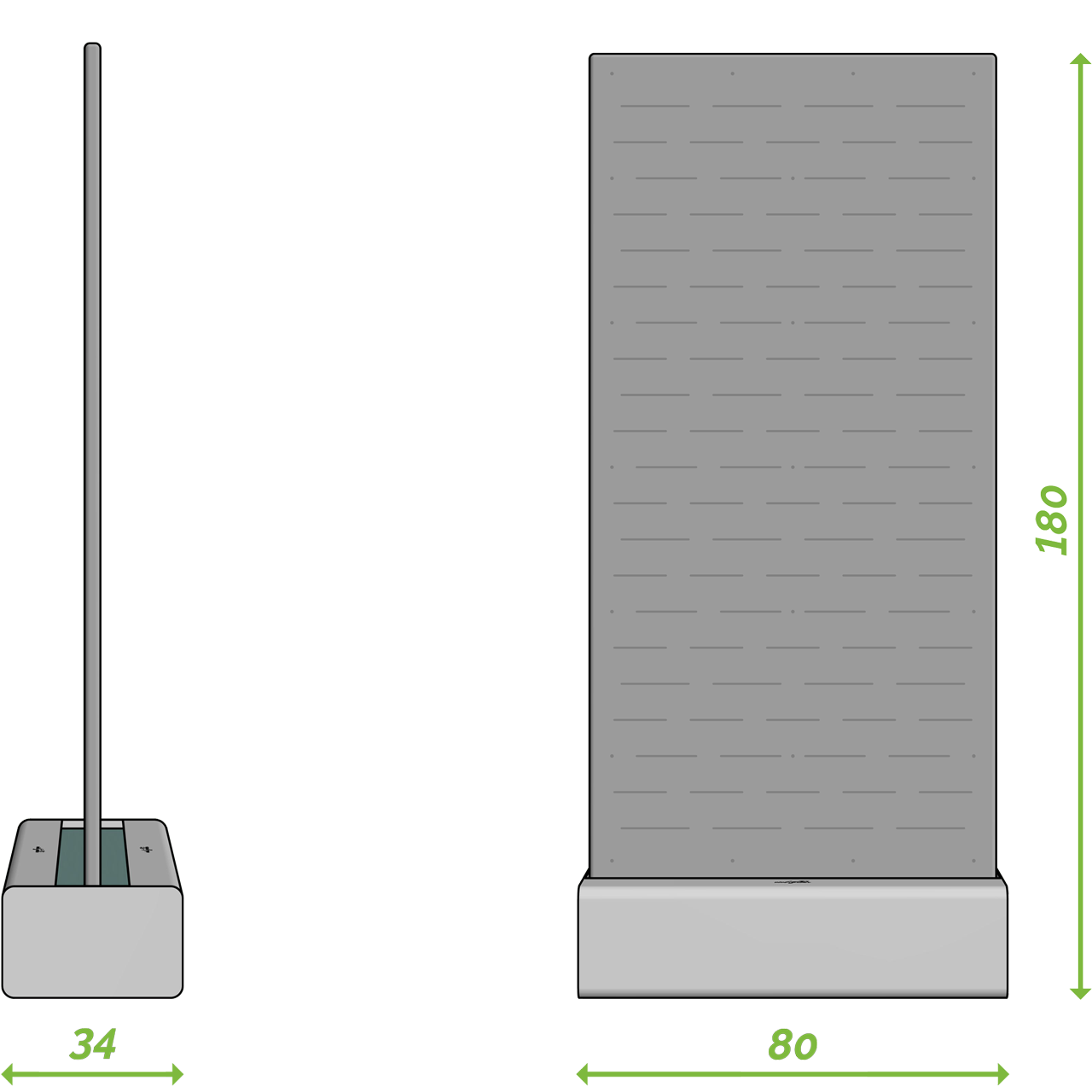 Abbildung der Vivit Divider Pro Trennwand mit den Maßen 180 cm Höhe, 80 cm Breite und 34 cm Tiefe