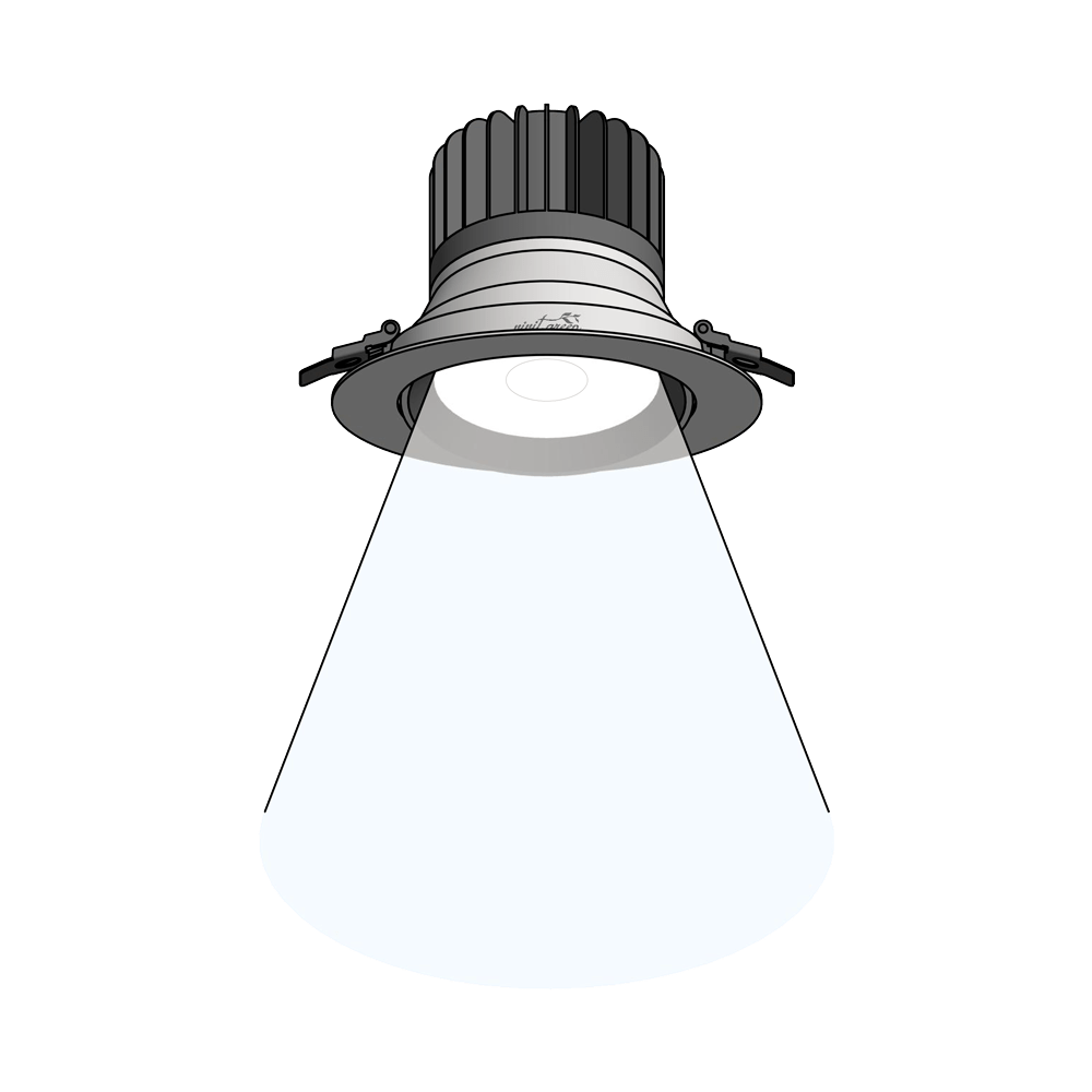 Pflanzenstrahler: Technisches Diagramm eines LED-Pflanzenlichts in Tropfenform, das die minimalen und maximalen Beleuchtungswinkel sowie andere Abmessungen zeigt. Erhältlich in weißem oder schwarzem Gehäuse oder Farbe nach Wahl.