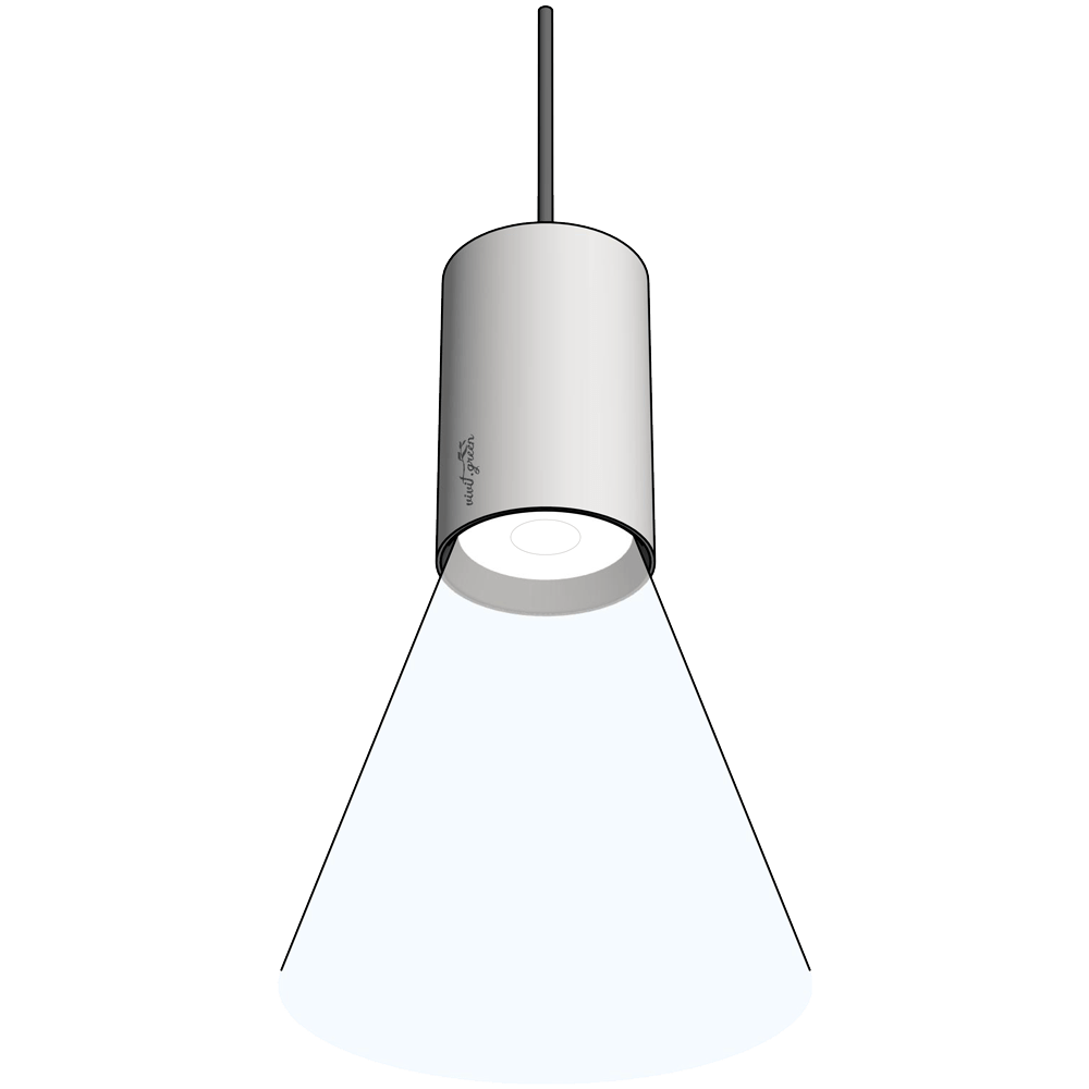 Pflanzenstrahler: Technisches Diagramm eines LED-Pflanzenlichts in Tropfenform, das die minimalen und maximalen Beleuchtungswinkel zeigt. Erhältlich in weißem oder schwarzem Gehäuse oder Farbe nach Wahl.