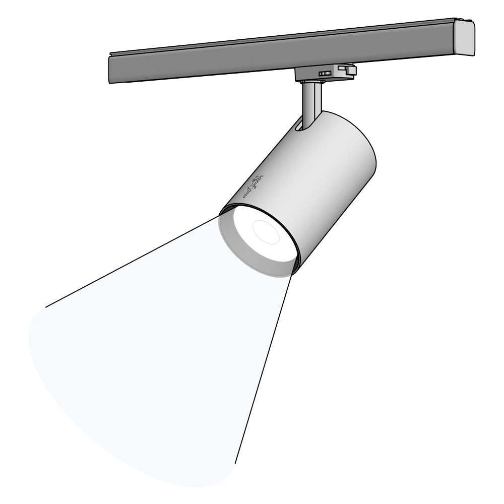 Pflanzenstrahler: Technisches Diagramm eines LED-Pflanzenlichts mit einstellbarem Beleuchtungswinkel, montiert auf einer verstellbaren Halterung. Erhältlich in weißem oder schwarzem Gehäuse oder Farbe nach Wahl.