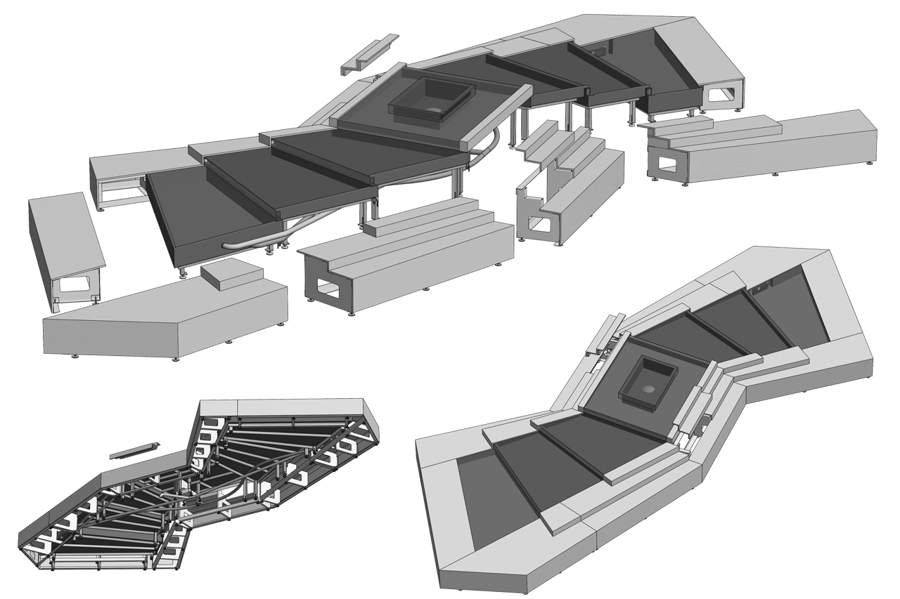 3D-Rendering eines modularen, abstrakten Architektursystems mit miteinander verbundenen Blöcken und Platten in einem Graustufenfarbschema.