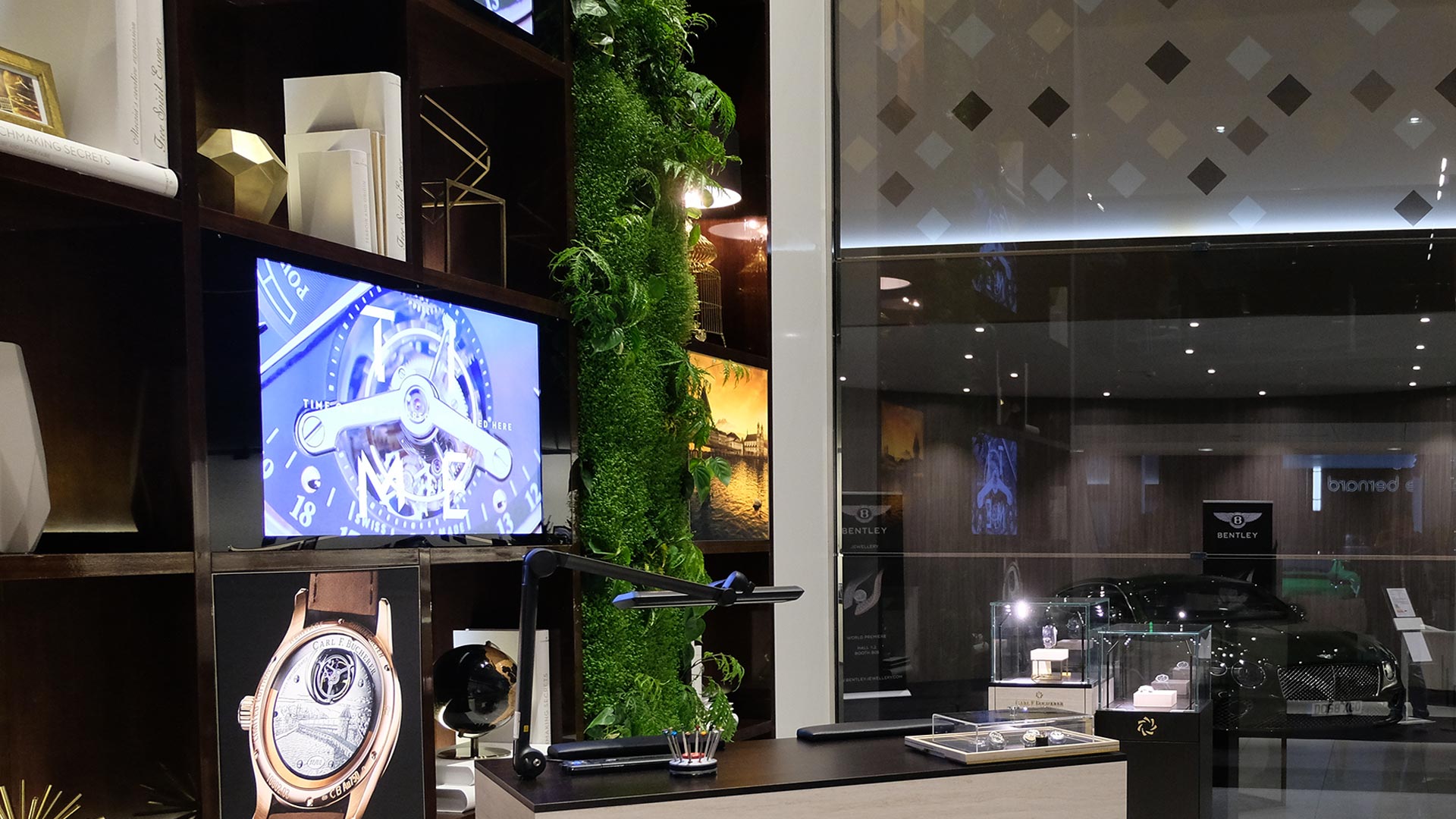 a display of watches and a tv